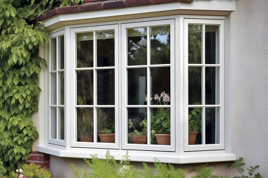 White-framed energy efficient bay windows with double-pane glass and potted plants on the windowsill, surrounded by green ivy and garden foliage.