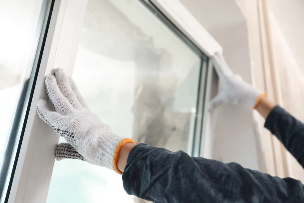 close up of general contractor installing new windows