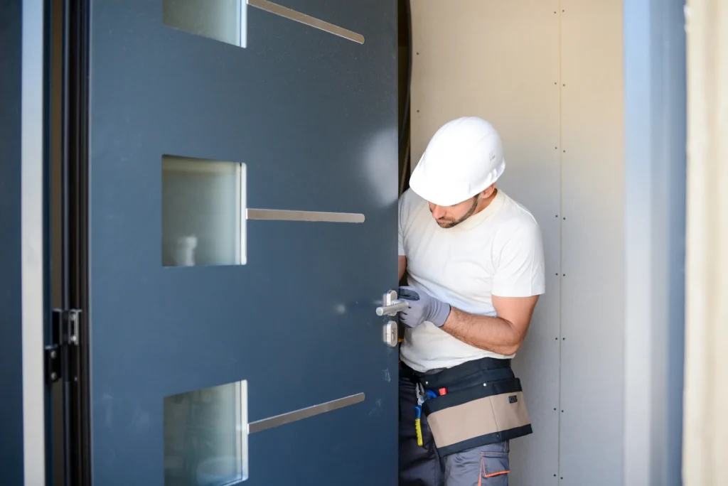 male worker installing hardware on a large blue door