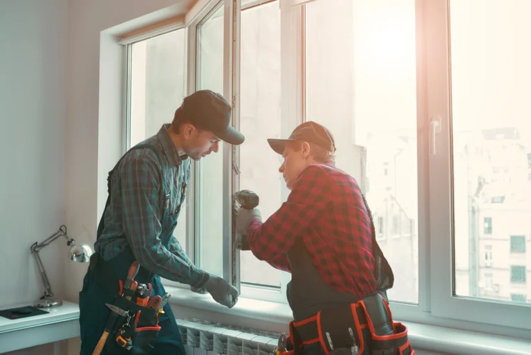 two man installing new window