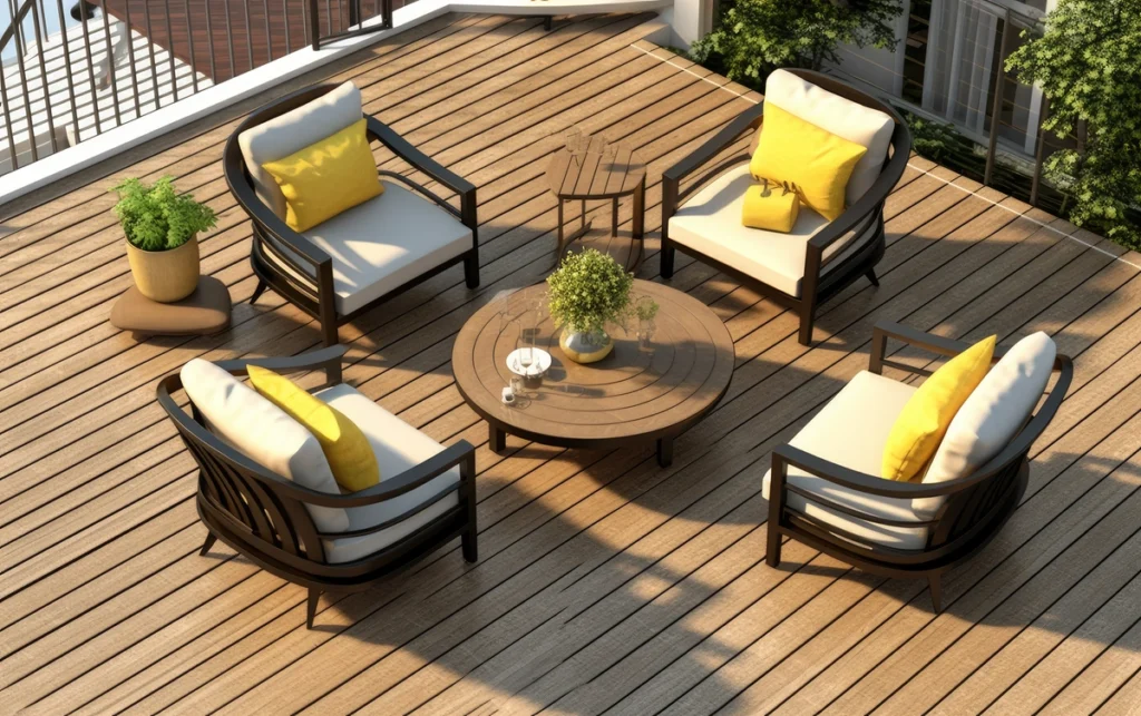 aerial view of outdoor patio furniture on composite decking