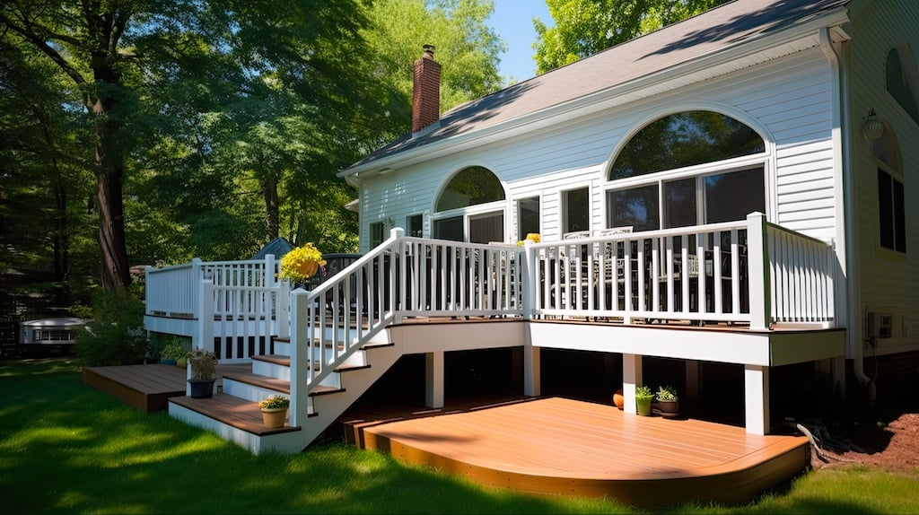 white home with a new composite deck with white railing and green trees in the background