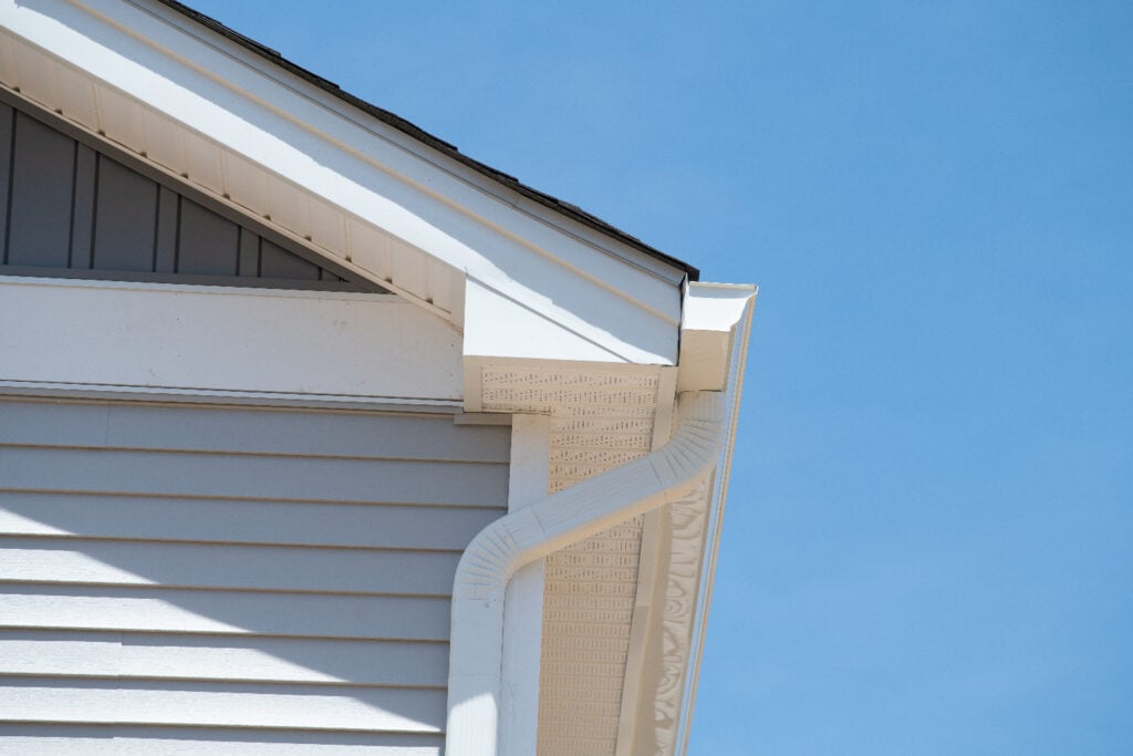 Close-up view of roof overhang showing detailed craftsmanship and weatherproofing