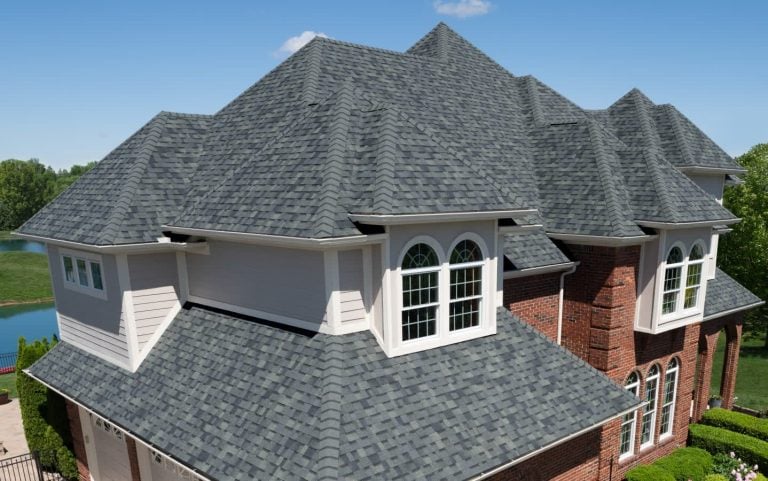 aerial view of new roof shingles installed on home