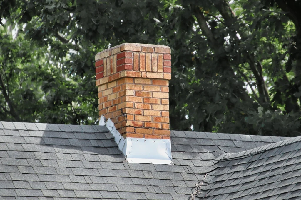bad chimney flashing-brick chimney on a gray shingled roof