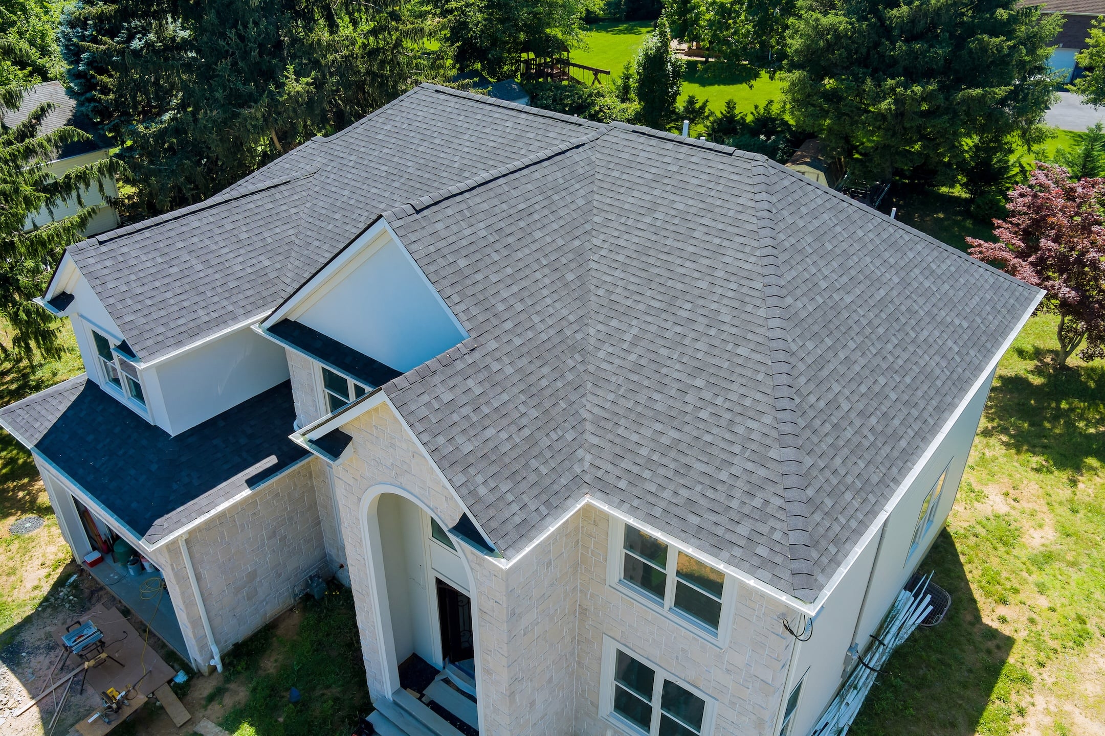 composite shingles-arial view of asphalt shingles on a home
