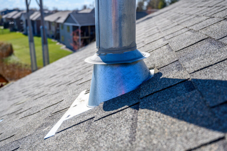 roof boot-metallic pipe with a metallic roof boot on a light gray shingled roof