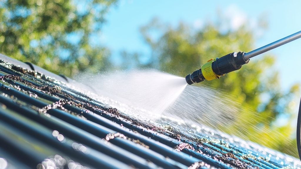 pressure washing roof moss on a metal roof