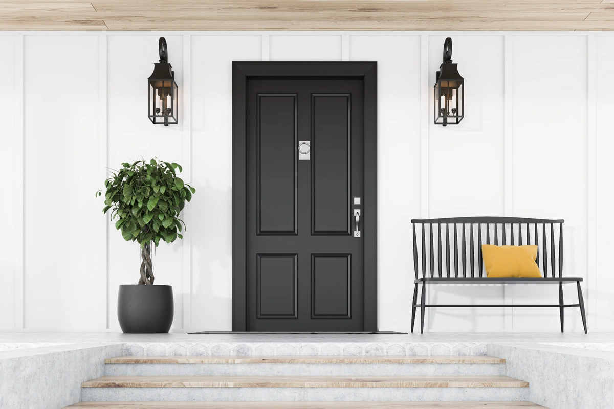 black entry door of house