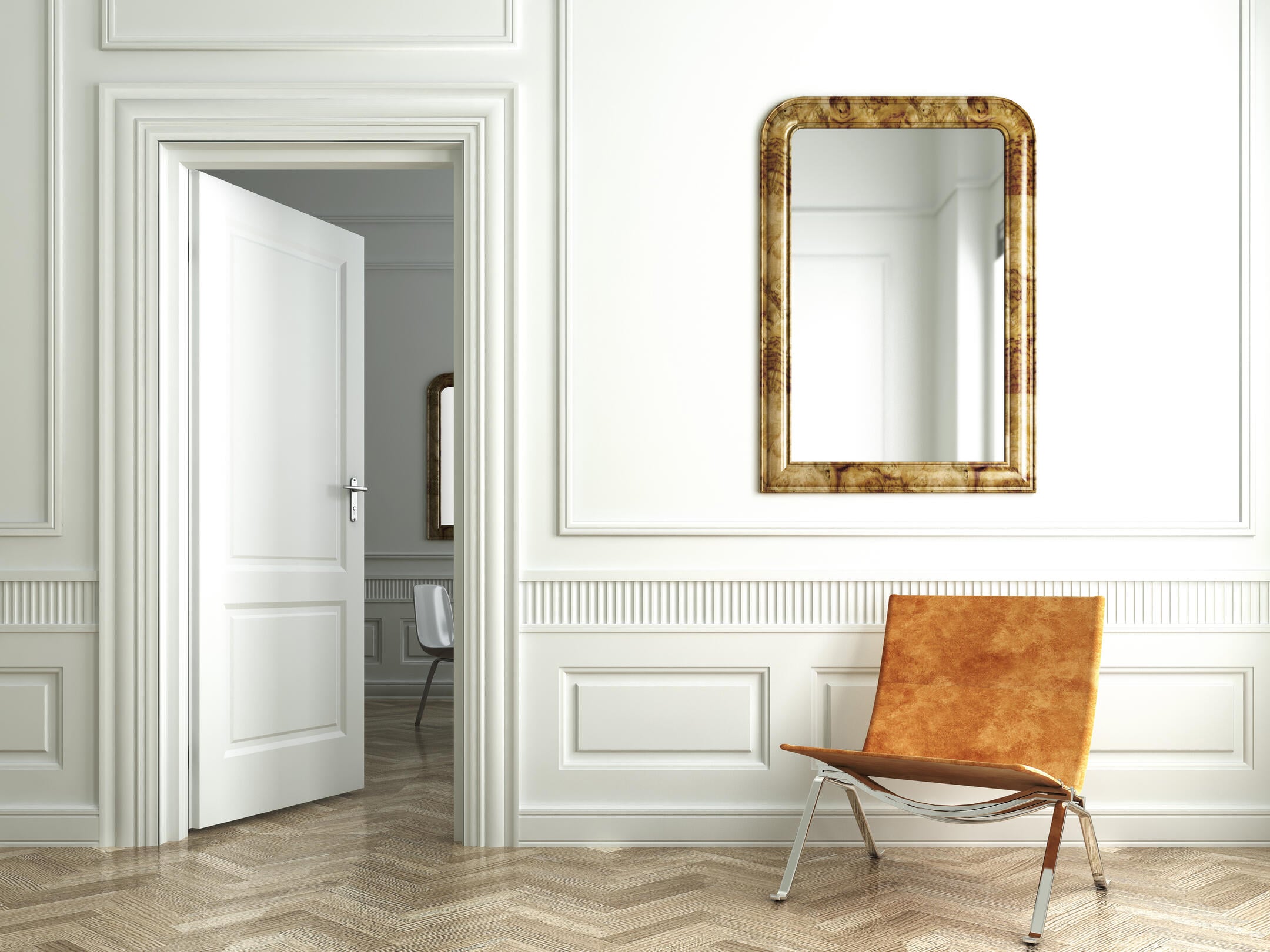 inswing vs outswing door-white trimmed wall with accent chair and outswing door