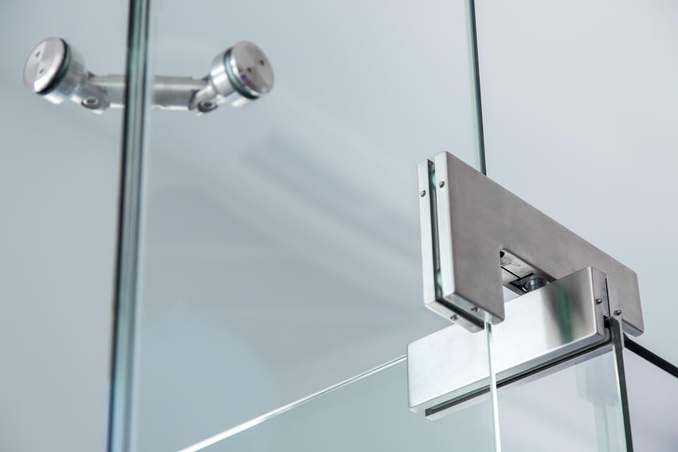 types of hinges-pivot style hinge on glass shower door