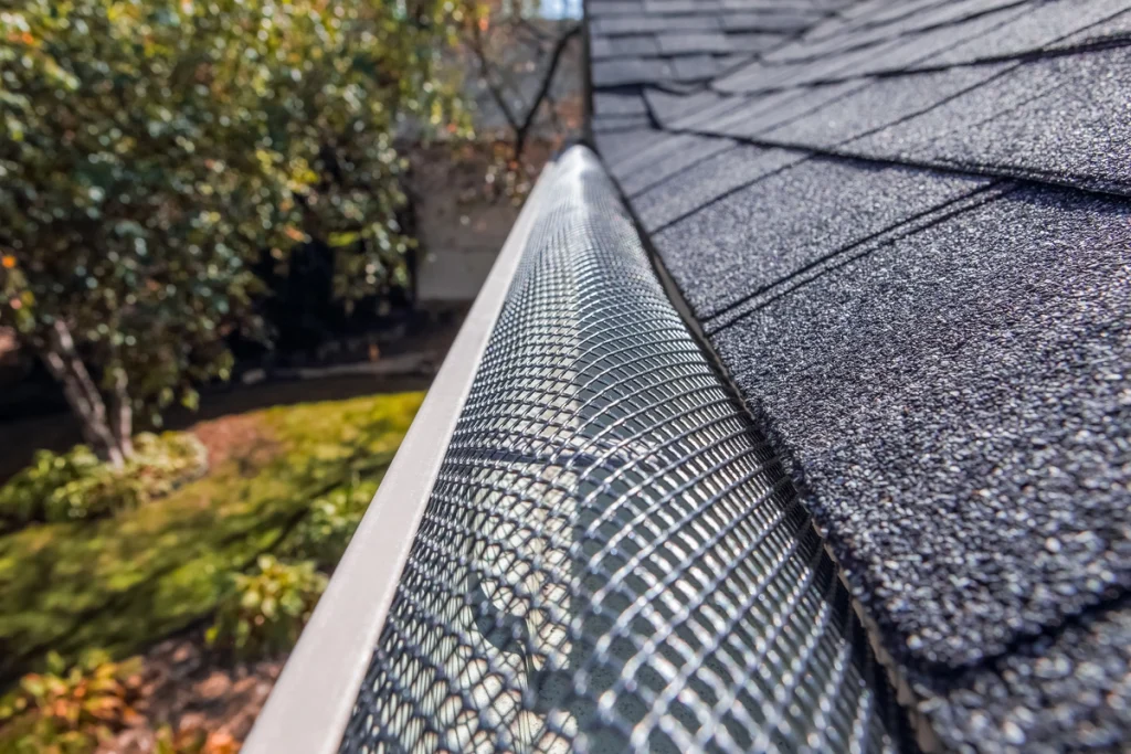 Close-up of a roof gutter with a mesh gutter guard installed beside asphalt shingles