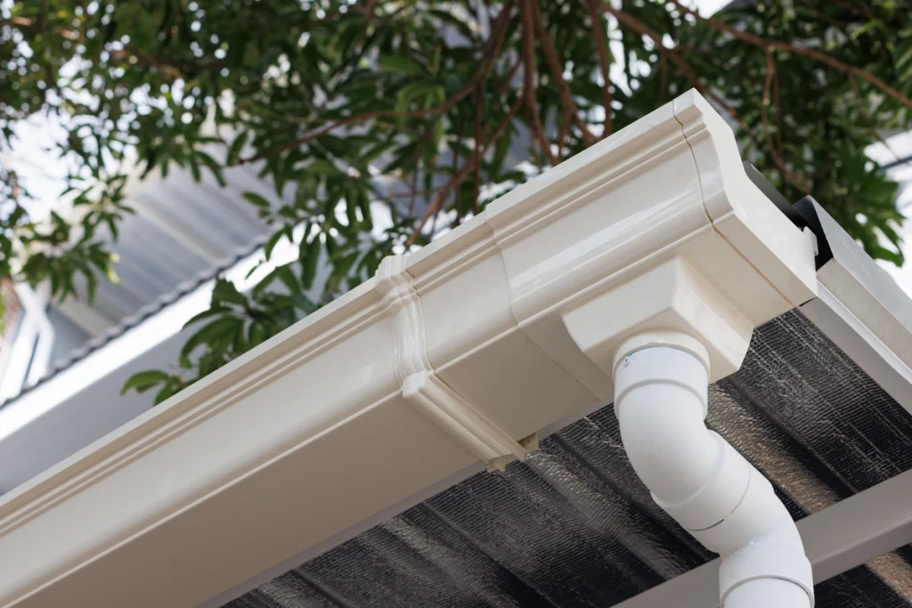 Close-up of a house gutter system with downspout attached to a roof edge, shown beneath tree branches