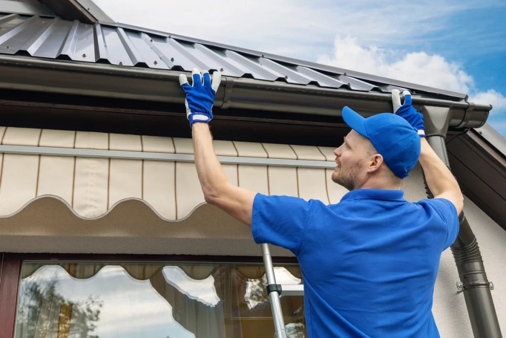 Worker on ladder inspecting a house gutter system under a metal roof