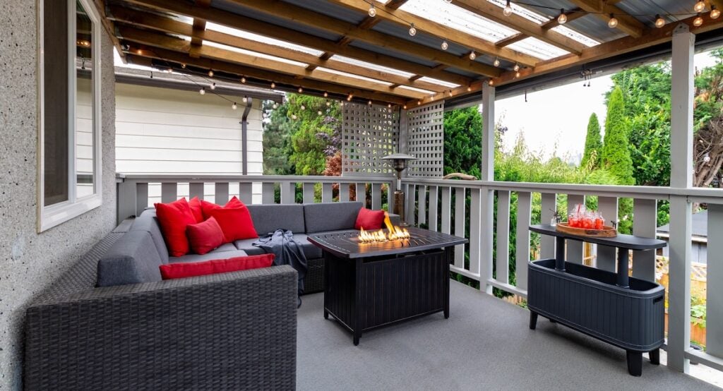 deck lighting ideas red deck patio with firepit
