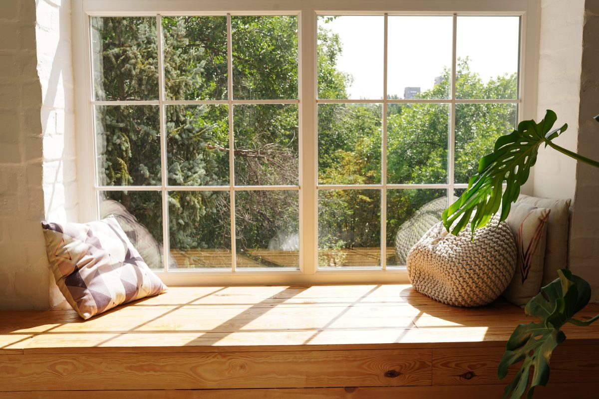window installation hagerstown Bright scandinavian room interior with green plant monstera and sunlights, white window sill, pillows